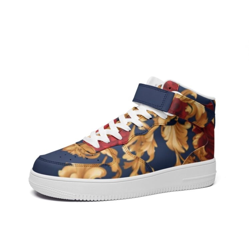 Men's High-Top Sneakers - Blue and Gold Floral Design